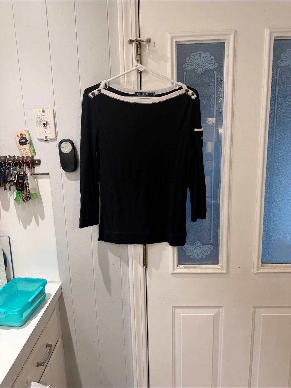 Lauren Ralph Lauren Black Boatneck Long Sleeve Top with White Trim